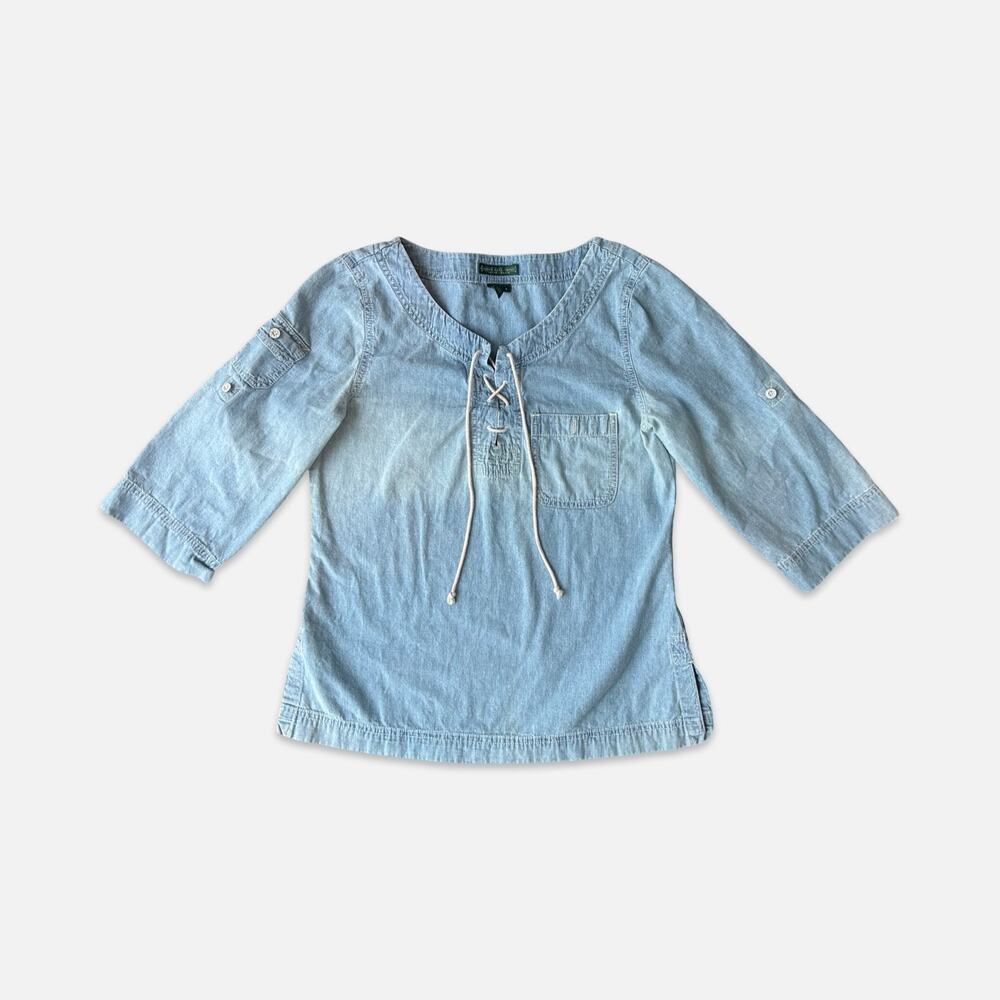 VTG Lauren Jeans Co. Ralph Lauren Chambray Lace-Up Top Women’s Small Light Wash